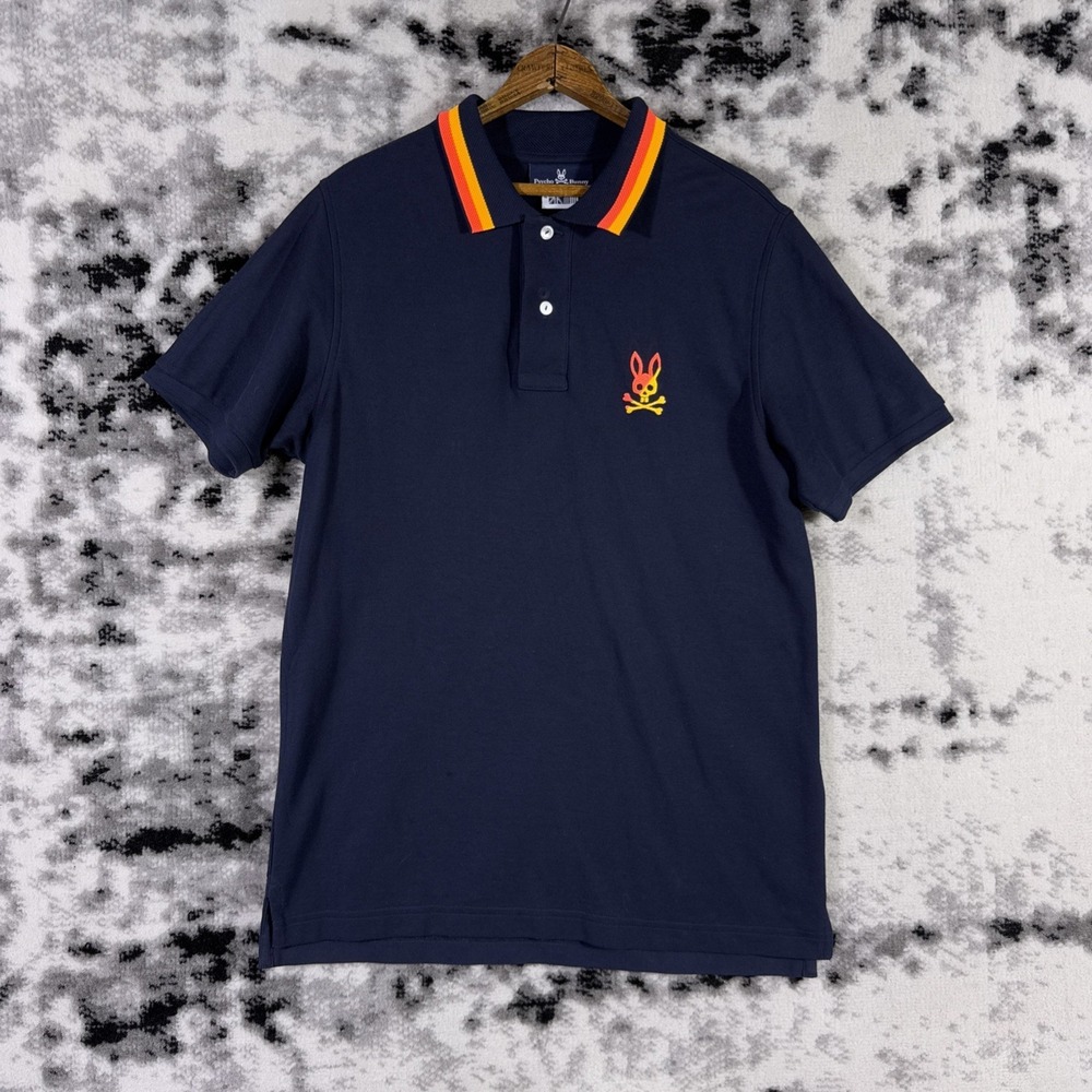 Psycho Bunny Polo Shirt Mens 4 Dark Navy Colorful Skull‎ Collar Pima Cotton